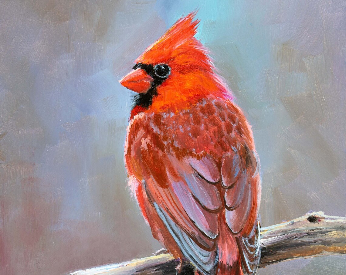 Cardinal Bird Oil Painting Art Print, Wildlife