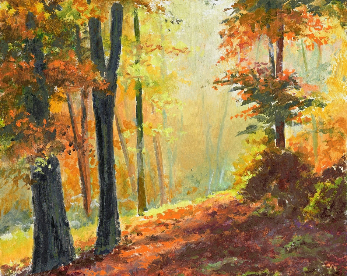 Golden Sunbeams Filtering Through an Autumn Forest Canopy Poster