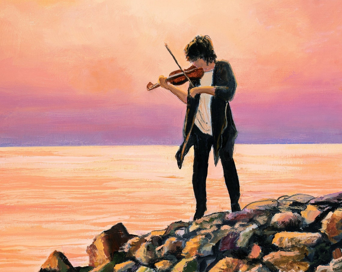 Violinist Playing on a Rocky Shore at Sunset over the Sea Poster
