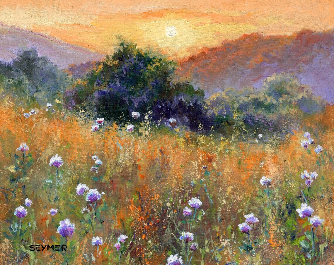 Summer Wildflower Meadow Sunset Landscape Oil Painting Poster