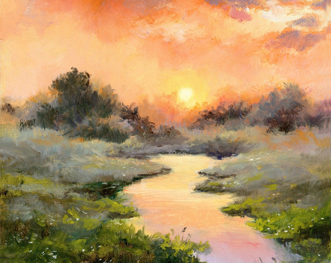 Misty River at Sunset with Golden Light Reflections Landscape Poster