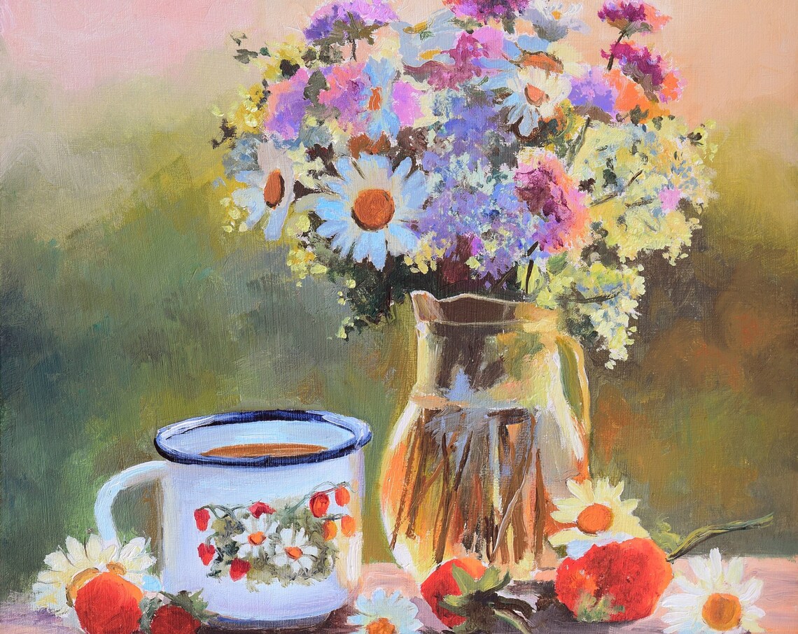 Wildflowers in a Glass Pitcher Still Life Oil Painting Poster