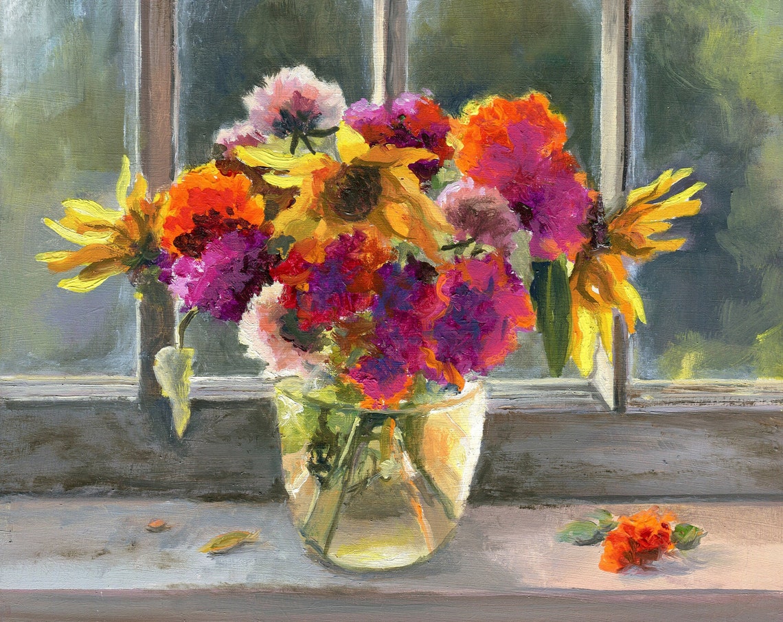 Colorful Zinnia Bouquet in a Glass Jar on a Sunny Windowsill Poster - Image 6