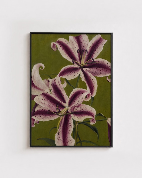 Purple Plum And Green Lily Art Print Floral Wall Abstract Flower Lilies Poster Funky Trendy Botanical