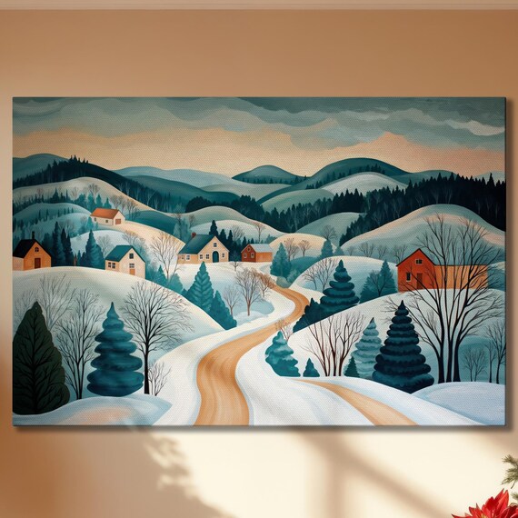 Snowy Village With Winding Road Among Hills Folk Art Winter Poster
