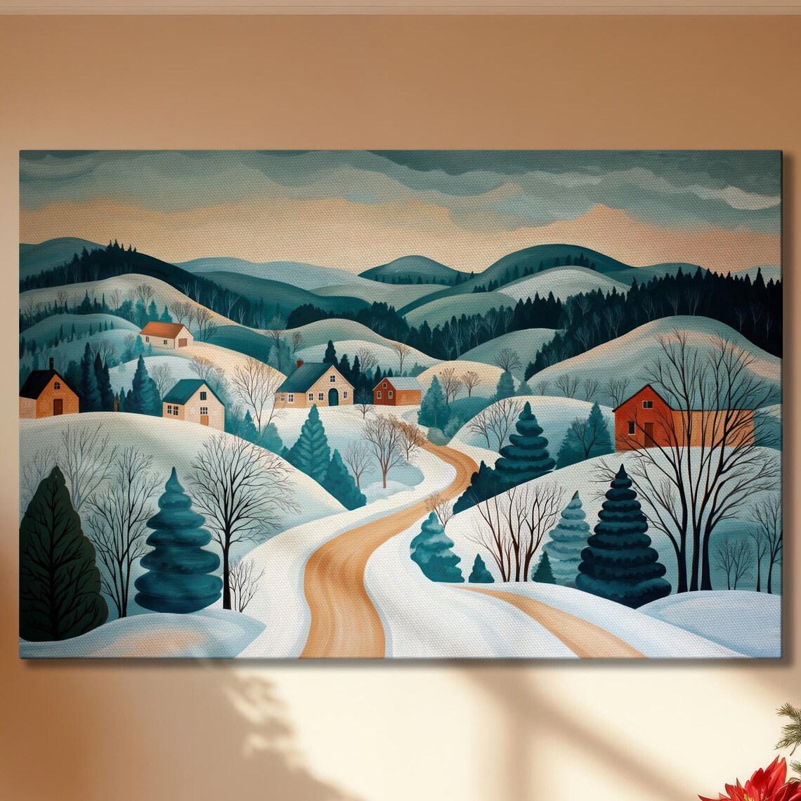 Snowy Village With Winding Road Among Hills Folk Art Winter Poster