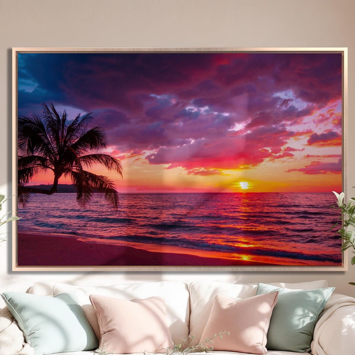 Tropical Beach Sunset Pink Clouds Palm Silhouette Ocean Poster