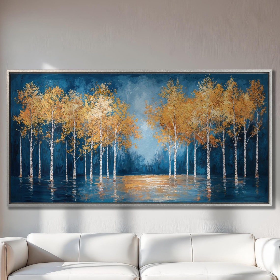Golden Birch Trees Against Deep Blue Water Reflection Art Poster