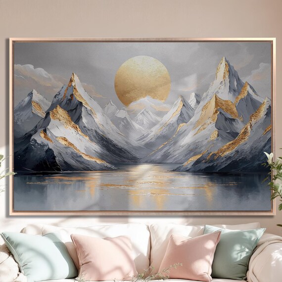 Sun Over Mountains Wall Art Abstract Landscape Painting Print Luxury Gold And Gray Wall Decor Mountain Poster Ready To Hang Gift Idea
