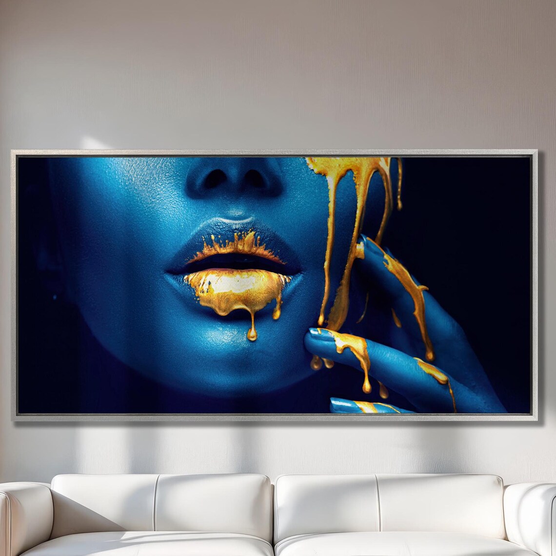 Blue and Gold Abstract Woman Face Modern Art Print