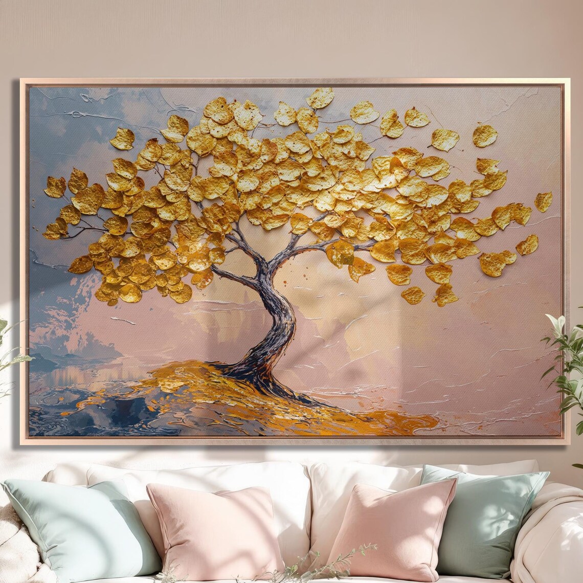 Gold Leaf Tree with Twisted Trunk Pastel Nature Elegant Art Poster