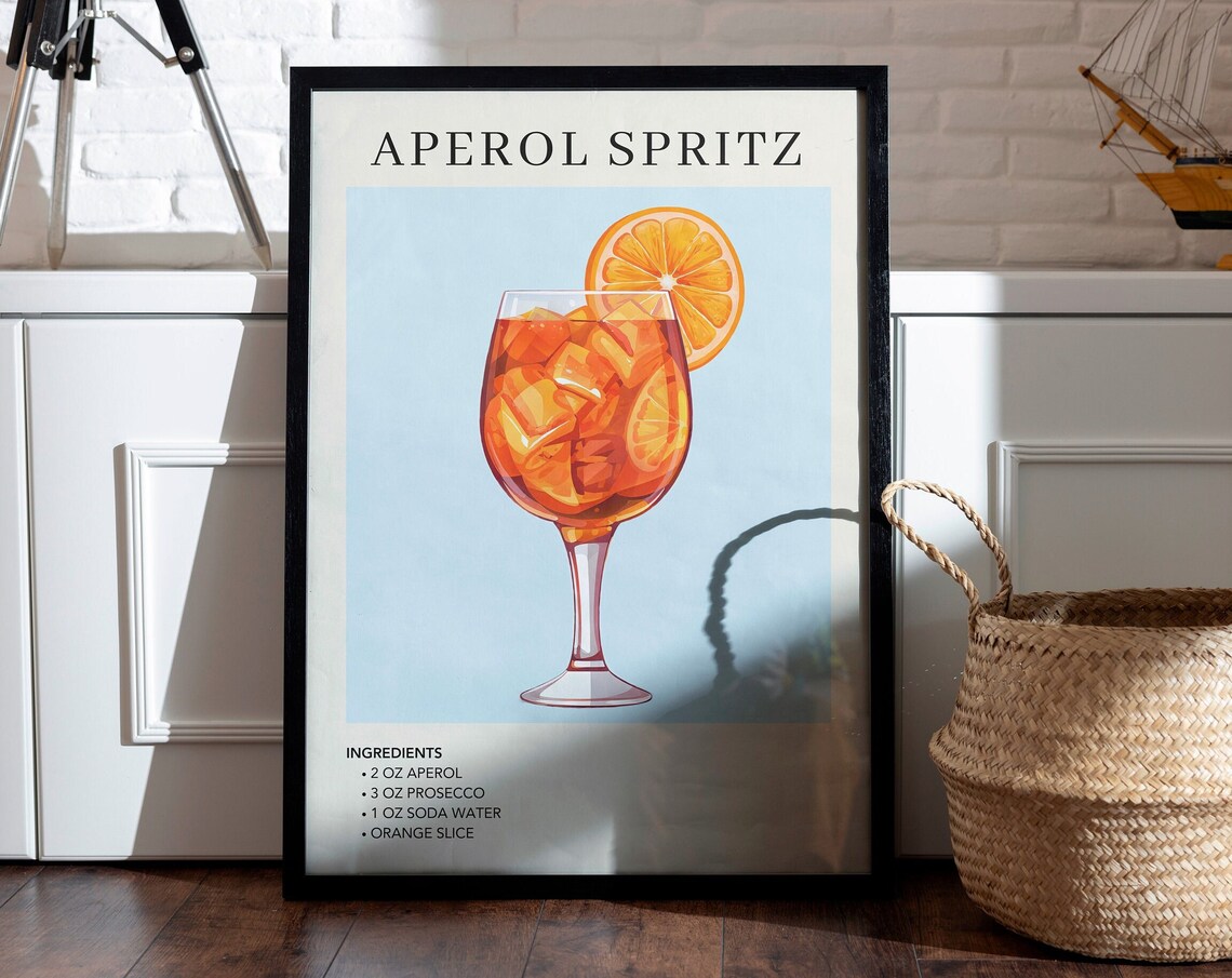 Aperol Spritz Cocktail Recipe Illustration Blue Bar Cart Poster