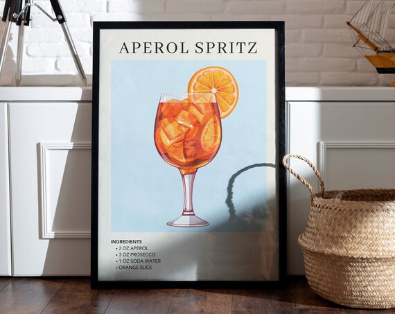 Aperol Spritz Cocktail Recipe Illustration Blue Bar Cart Poster