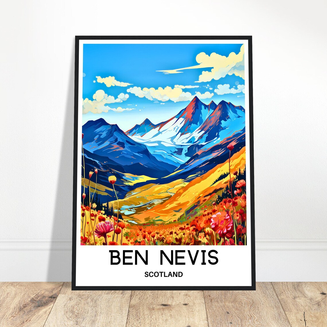 Ben Nevis Scotland Snowy Peaks Wildflower Meadow Travel Poster