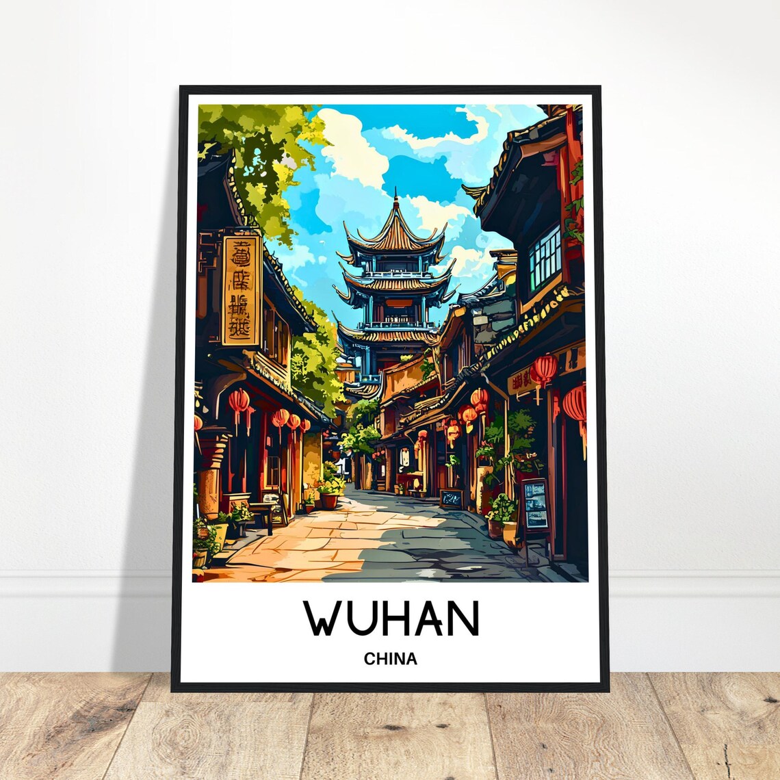 Wuhan Old Street Pagoda Colorful Lantern China Travel Poster