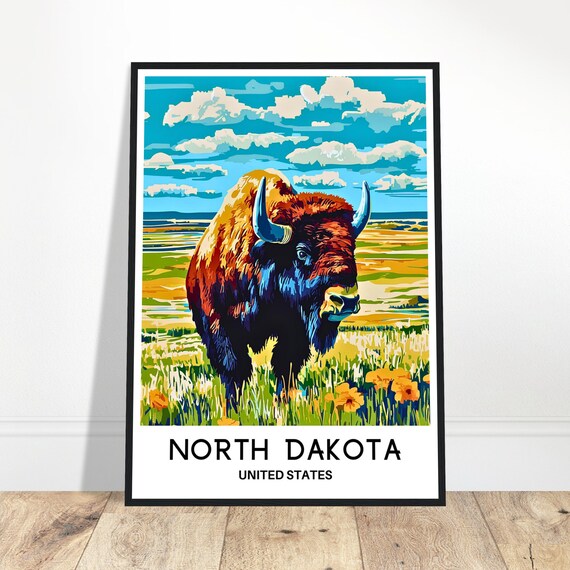 North Dakota Bison On Prairie Wildflowers State Travel Illustration Poster