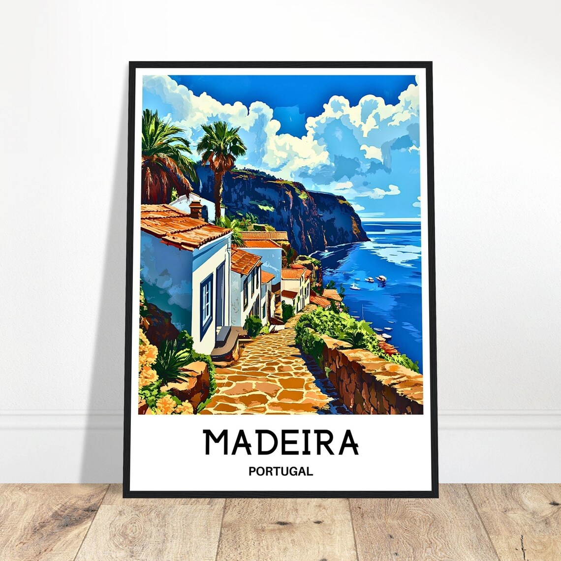 Madeira Portugal Cliffside Village Ocean View Travel Art Poster