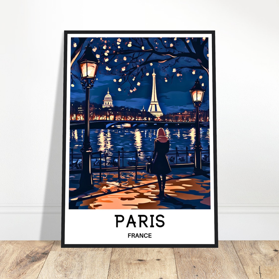 Paris France Eiffel Tower Night Seine Lampposts Travel Art Poster