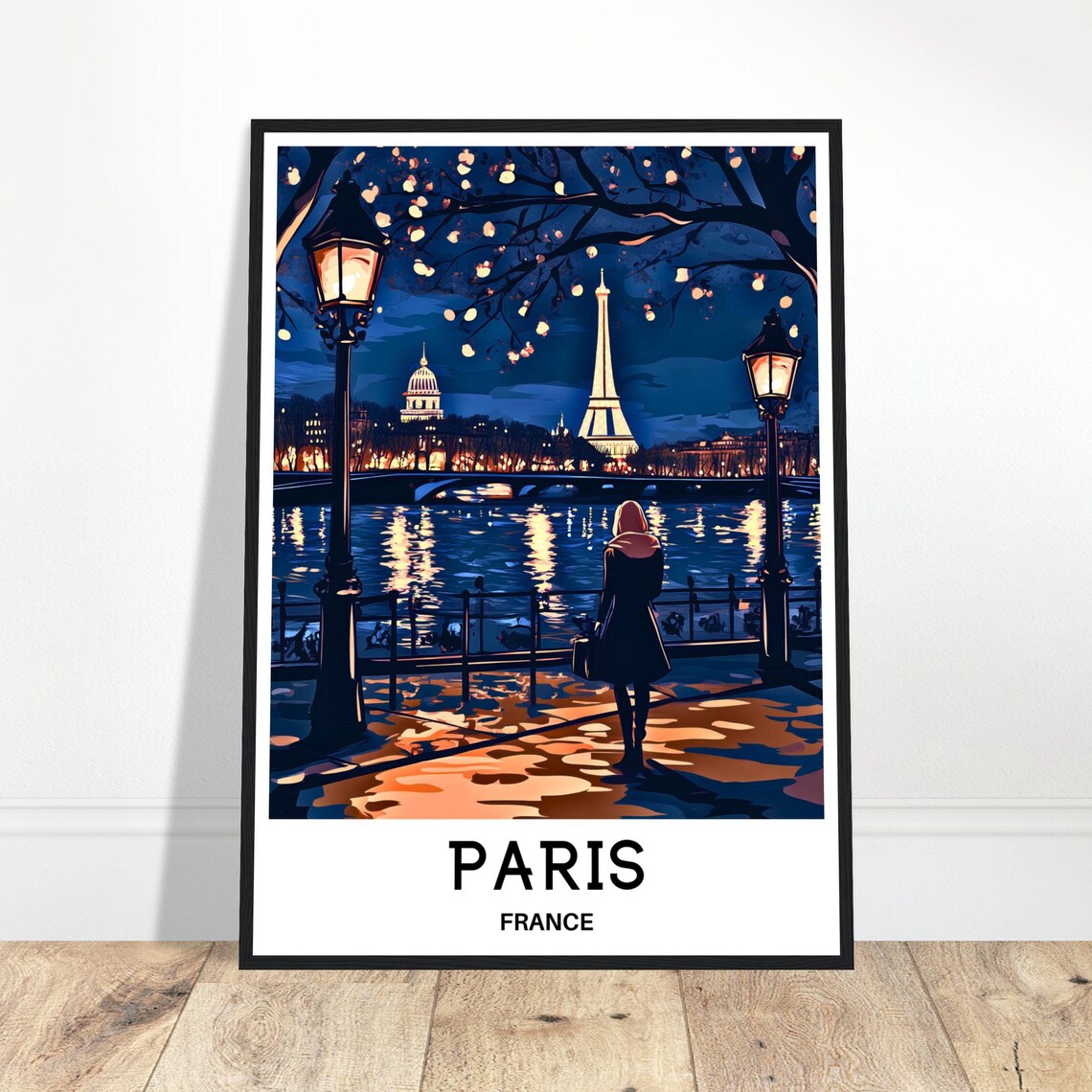 Paris France Eiffel Tower Nighttime Seine River Scene Travel Poster