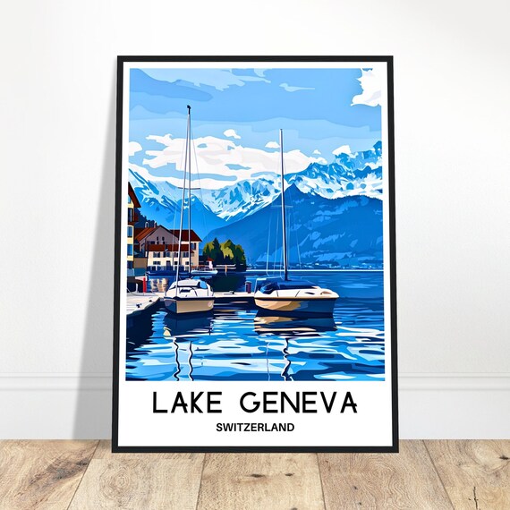 Lake Geneva Travel Print Poster Swiss Art Switzerland Lover Gift Wall Hanging Home Office Decor Illustration