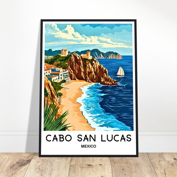 Cabo San Lucas Mexico Cliffside Beach Sailboat Travel Poster