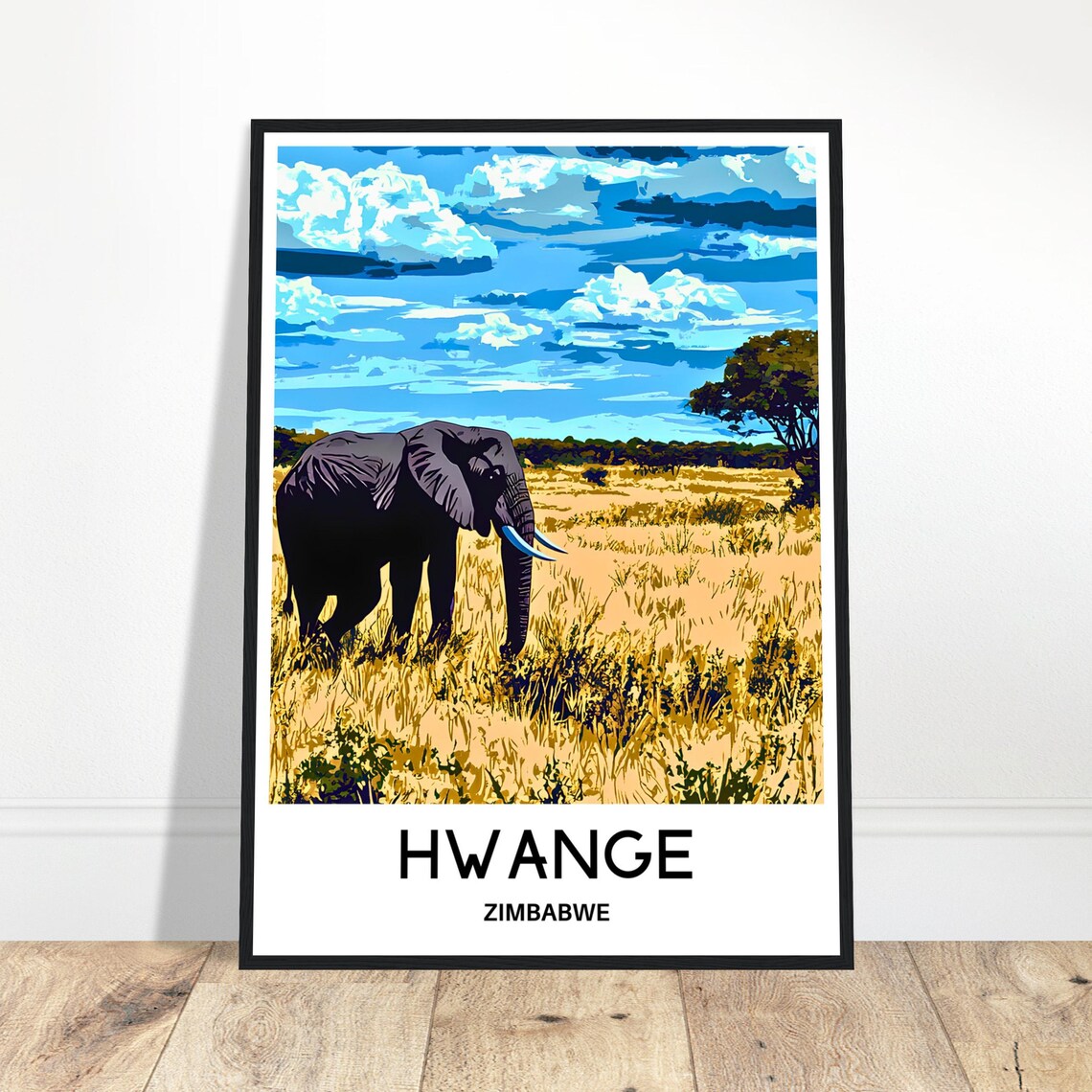 Hwange Zimbabwe Elephant Golden Savanna Wildlife Travel Poster