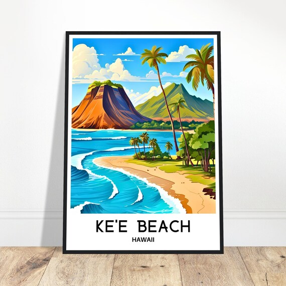 Kee Beach Travel Print Poster Hawaiian Art Hawaii Lover Gift Wall Hanging Illustration Home Office Decor