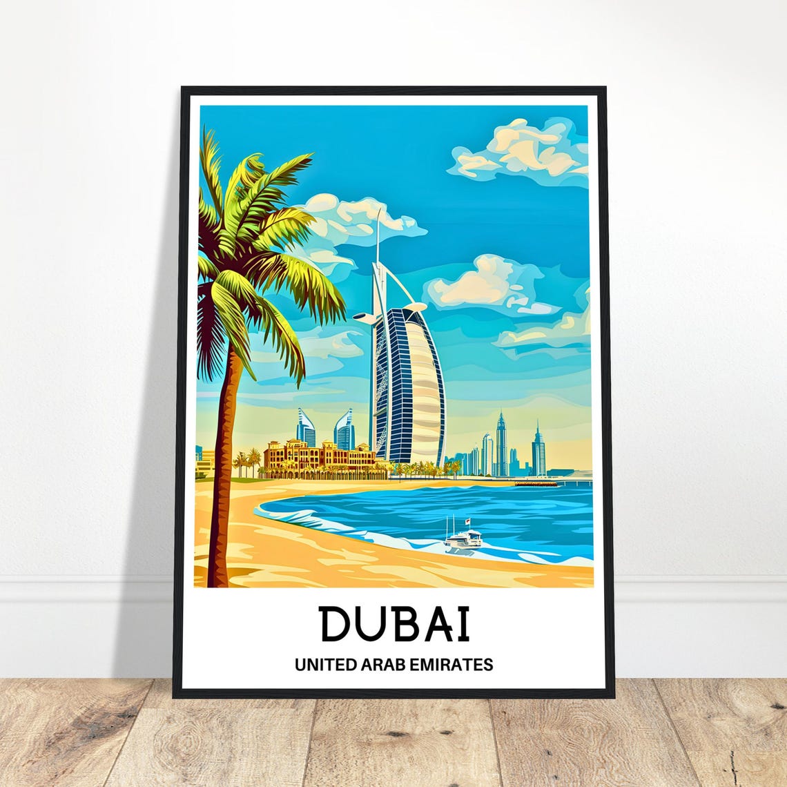 Dubai Palm Beach Burj Al Arab Sunset Travel Illustration Poster