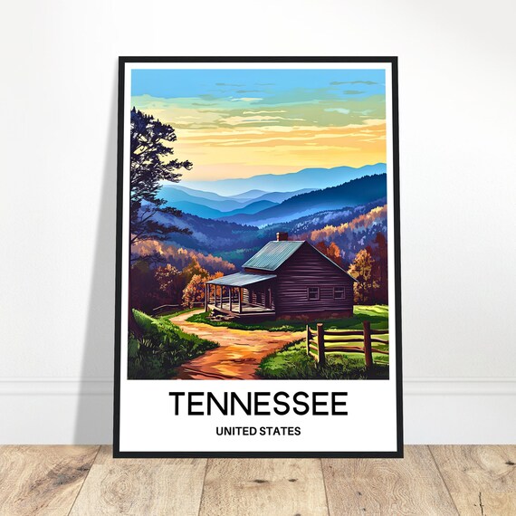 Tennessee Rustic Log Cabin At Sunset With Rolling Mountain Views Poster