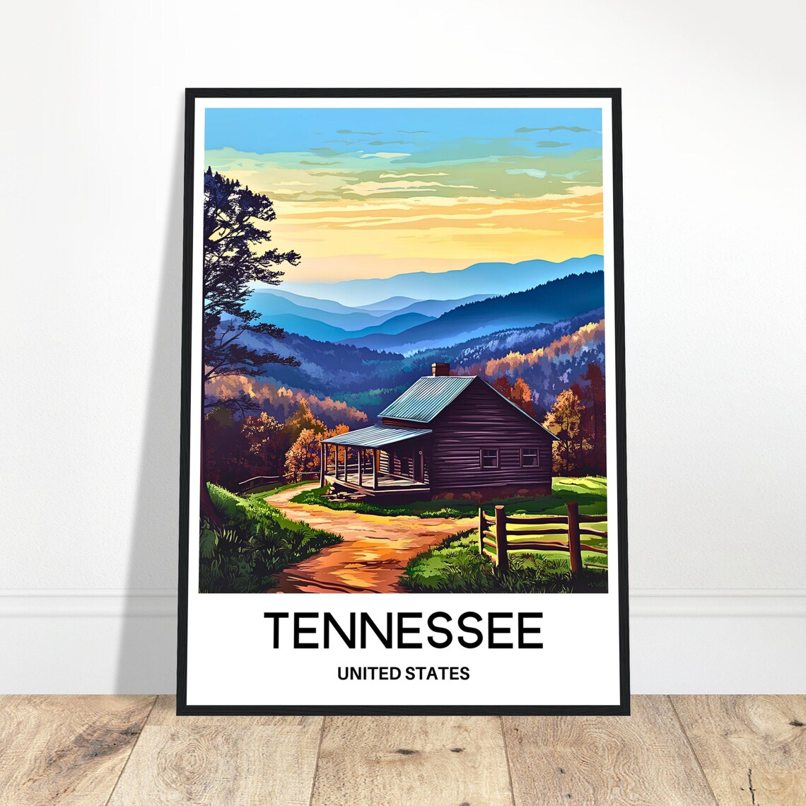 Tennessee Smoky Mountain Log Cabin Sunset Retro Travel Poster