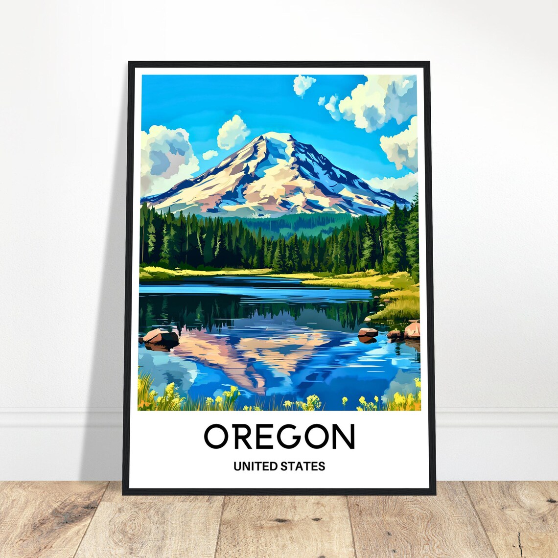 Oregon Snowy Mountain Lake Reflection Vintage Travel Art Poster