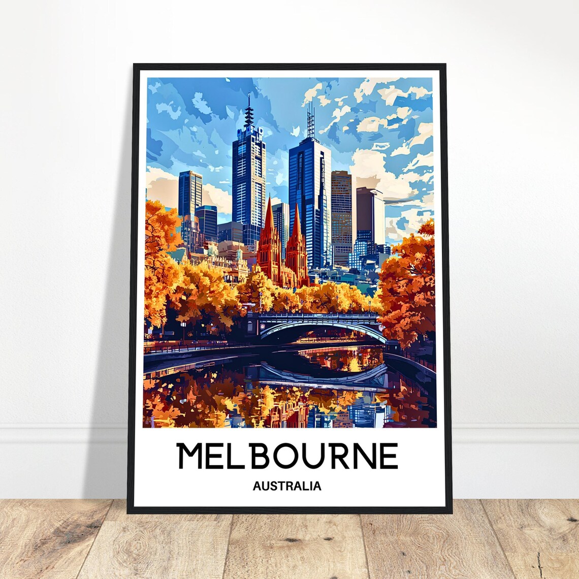Melbourne Australia Autumn Skyline River Reflection Travel Poster