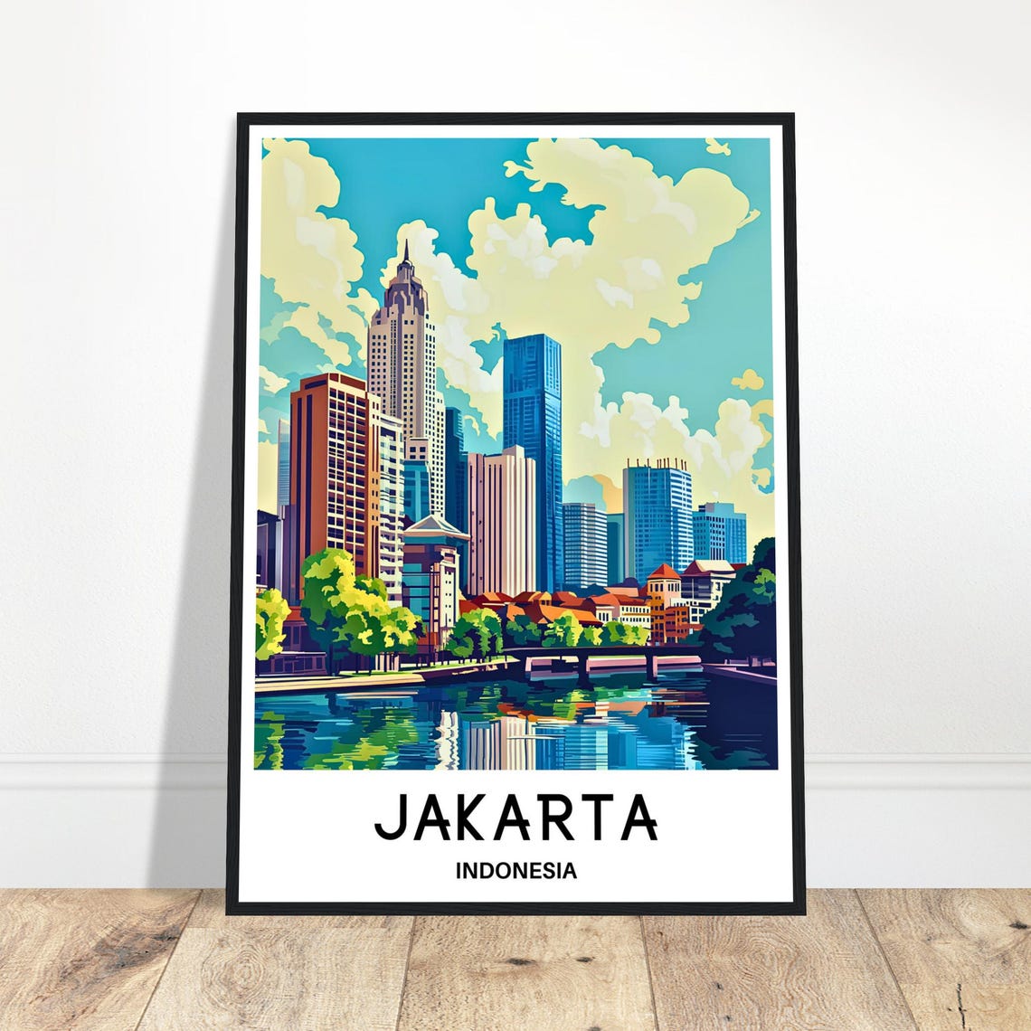 Jakarta Indonesia Travel Poster With City Skyline River View