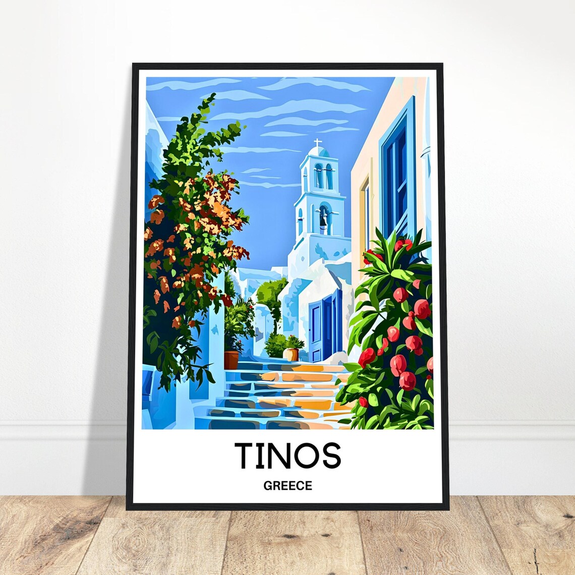 Tinos Greece Whitewashed Village Blue Dome Church Travel Poster