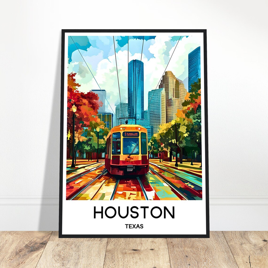 Houston Texas Downtown Trolley Street Cityscape Travel Poster