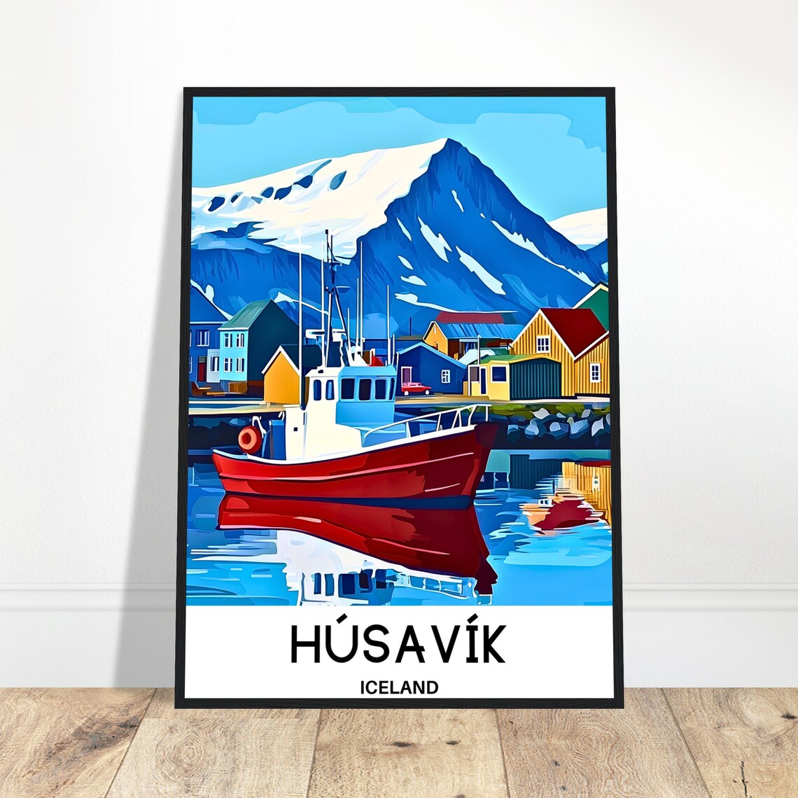 Husavik Iceland Harbor Red Boat Snowy Mountain Travel Poster