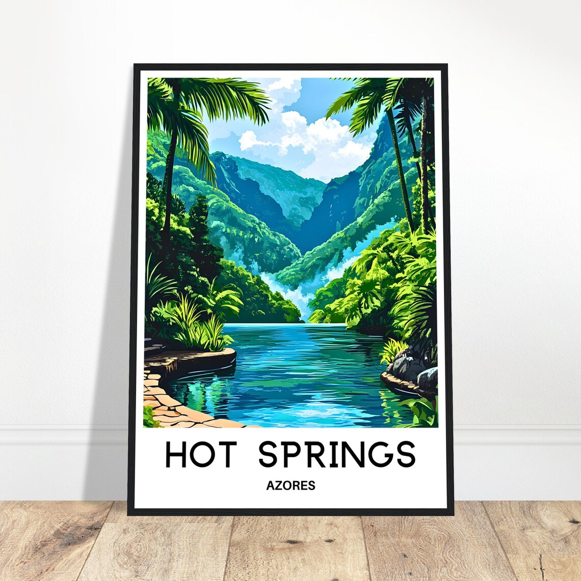 Hot Springs Azores Lush Green Valley Waterfall Lake Travel Poster