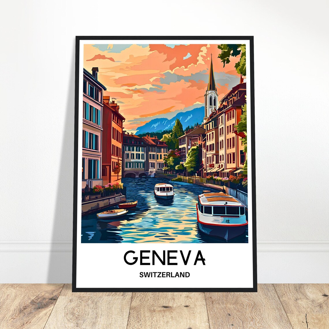Geneva Switzerland Golden Riverside Sunset Boats Travel Poster
