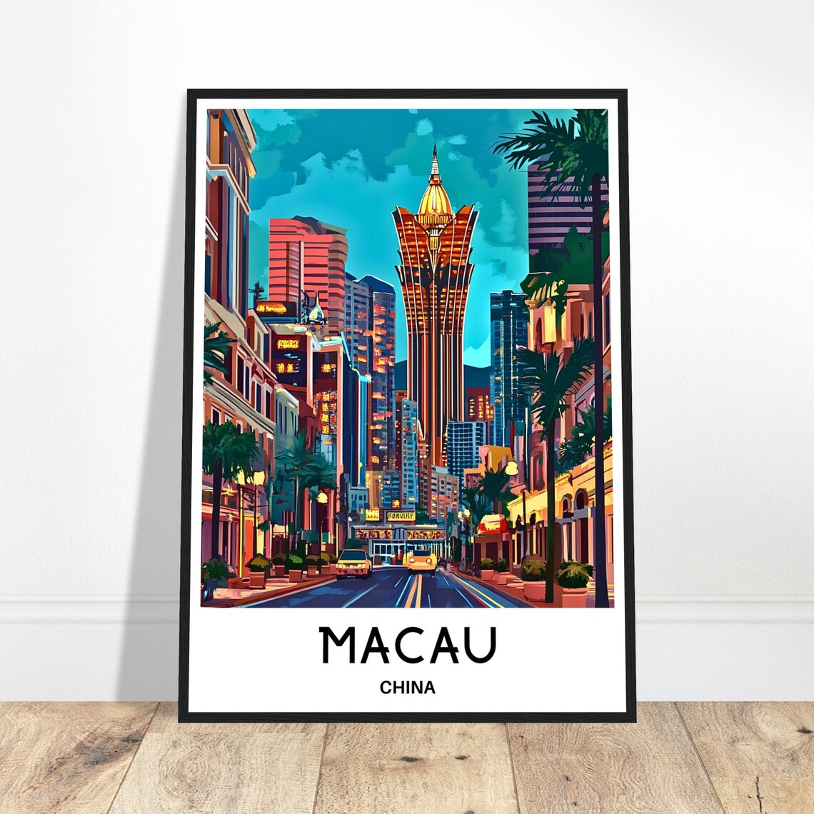 Macau China Night Street City Skyline Travel Illustration Poster