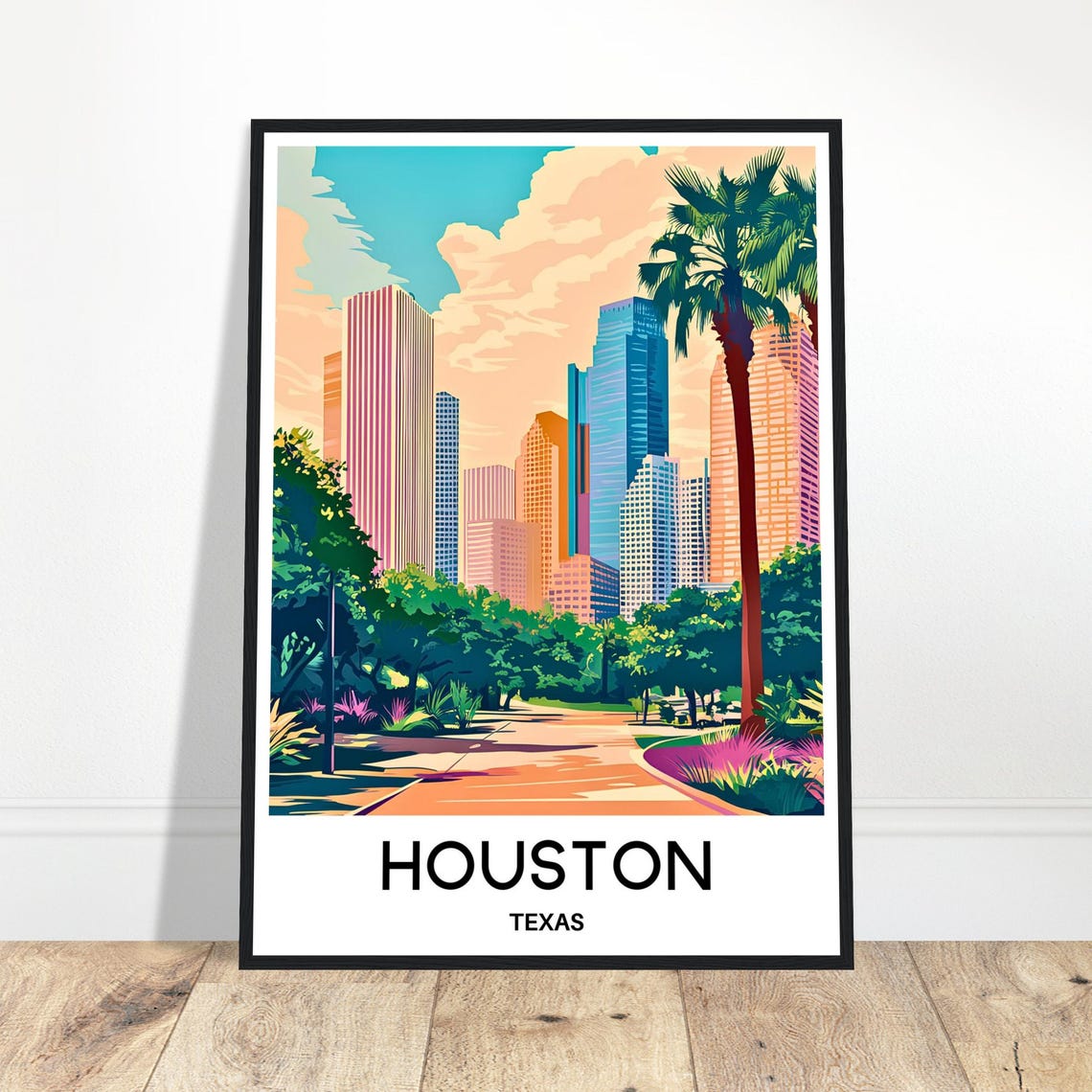 Houston Texas Downtown Skyline Park Boulevard Vintage Travel Poster