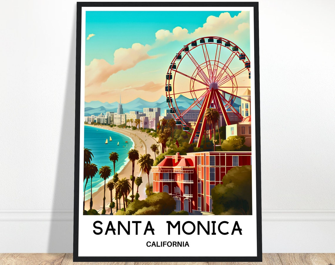 Santa Monica California Pier Ferris Wheel Beach Travel Poster