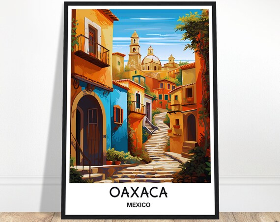 Oaxaca Mexico Cobblestone Alley Colorful Houses Church View Poster