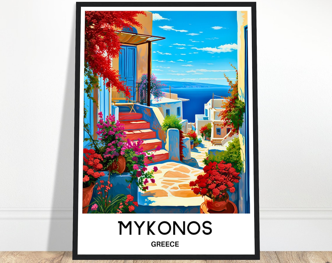 Mykonos Old Town Colorful Alley Bougainvillea Greece Travel Poster