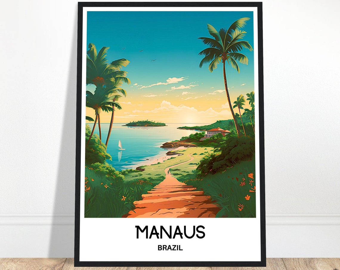 Manaus Brazil Tropical Beach Palm Trees Sunset Travel Poster