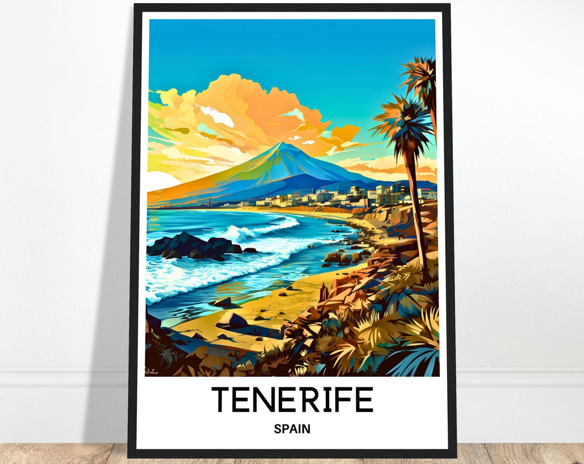 Tenerife Spain Beach and Mount Teide Volcano Coastline Travel Poster