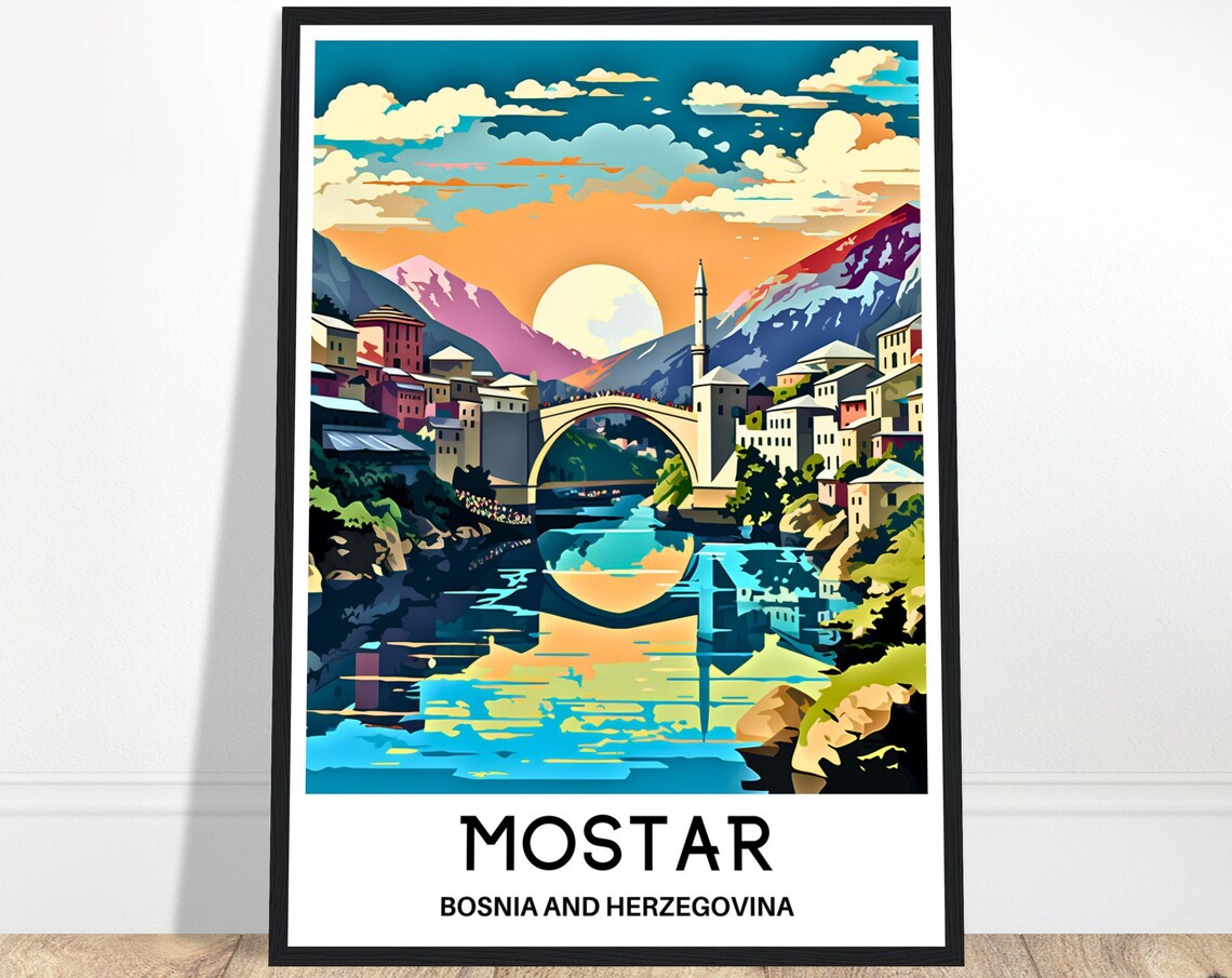 Mostar Bosnia and Herzegovina Stari Most Bridge Sunset Travel Poster