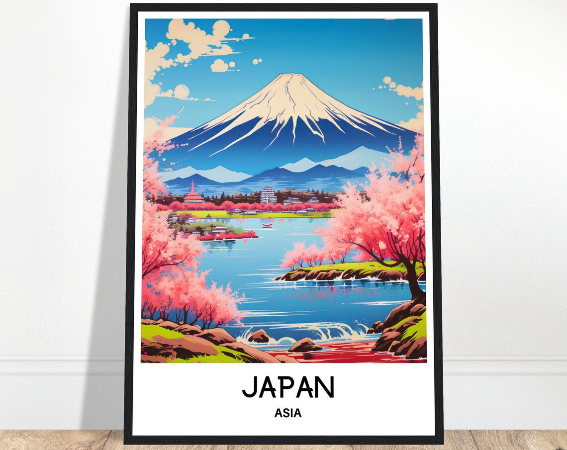 Mount Fuji With Cherry Blossom Lake Japanese Landscape Travel Poster