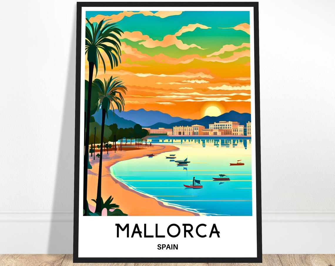 Mallorca Spain Travel Poster of a Sunset Bay with Boats and Palm Trees
