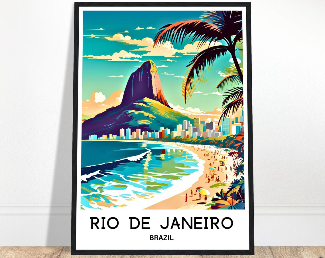 Vibrant Rio de Janeiro Beach Mountain Skyline Brazil Travel Poster