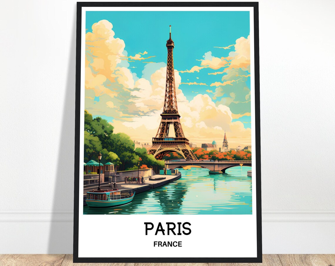 Paris France Eiffel Tower and Seine River Boat Scene Travel Poster